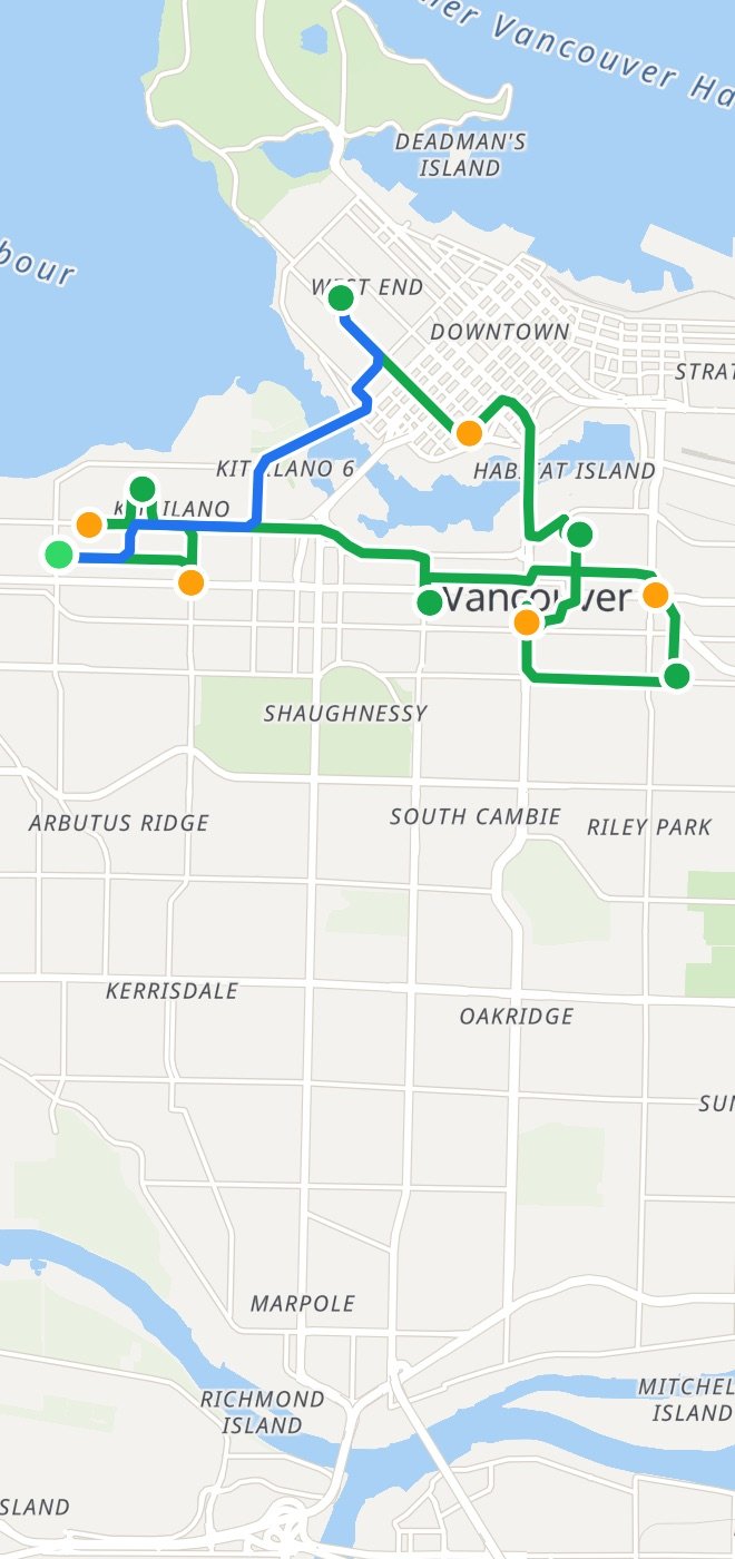 A sample delivery shift in Vancouver, drawn on a map: 7 trips, 20.6 km