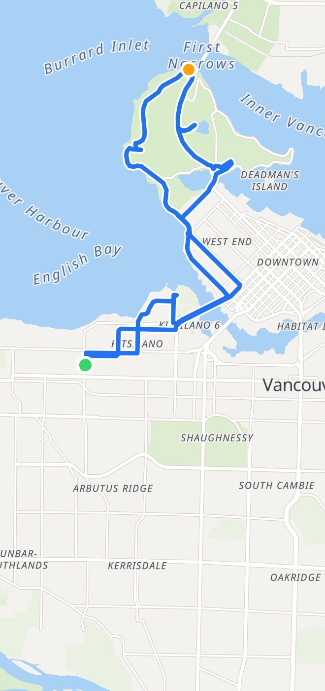 A sample Saturday ride in Vancouver, drawn on a map: 2 trips, 20.1 km