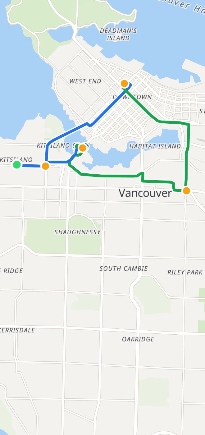 A sample workday in Vancouver, drawn on a map: 5 trips, 13.1 km