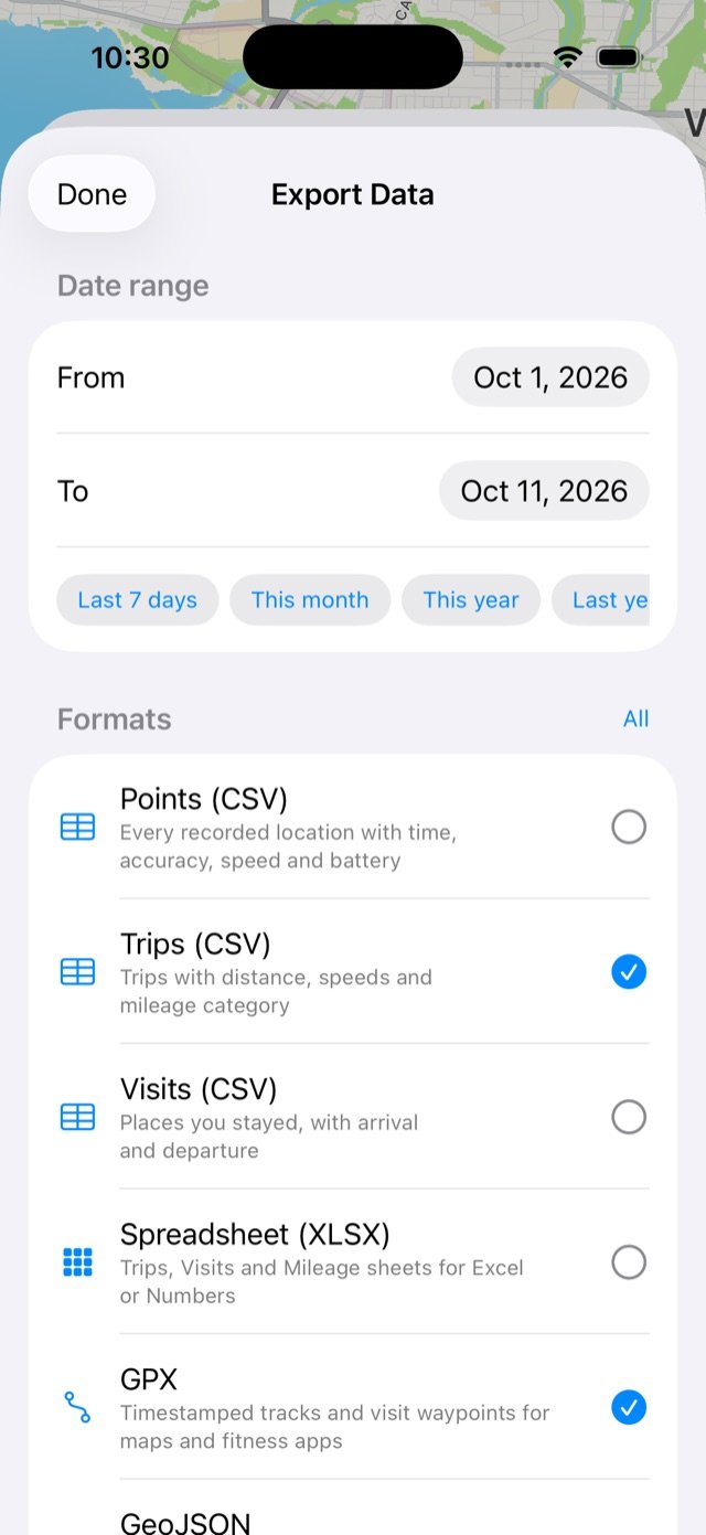 Beenlog's Export Data sheet with formats and a date range